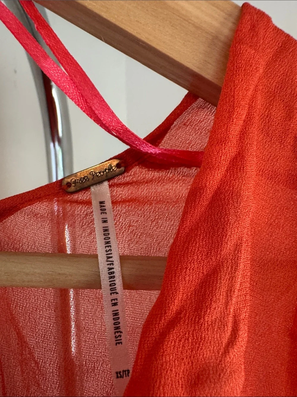 Free People Orange-Red Wrap Blouse with Lace Bell Sleeves size xs